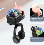 Desk Cup Holder Clip on Pen Holder Headphone Hanger Headset Stand Rotatable Clamp Hook Under Desk (Black)