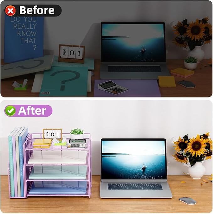 Marbrasse Desk Organizer and Accessories，4-Tier Paper Letter Tray Organizer with File Holder，Desk Accessories & Workspace Desktop Organizers for School Home Office Supplies (Purple)