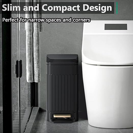 Small Bathroom Trash Can with Lid Soft Close-6L/1.6 Gal Slim Step Garbage Can-Metal Pedal Wastebasket-Narrow Rectangle Garbage Container Bin for Corner Office, Bedroom, Toilet, Live Room-Black