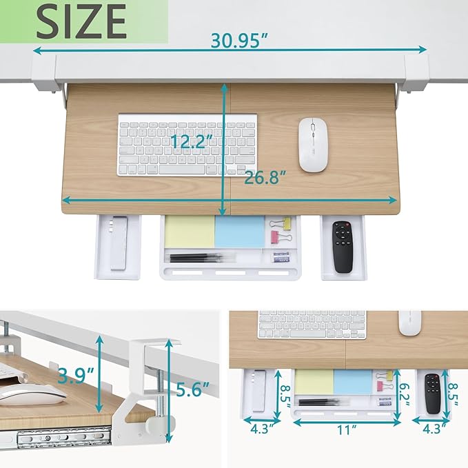 ETHU Keyboard Tray Under Desk, Pull Out Keyboard & Mouse Tray with C-clamp, Ergonomic Desk Keyboard Tray Slide Out, Pull Out Platform Drawer for Home and Office（Oak）
