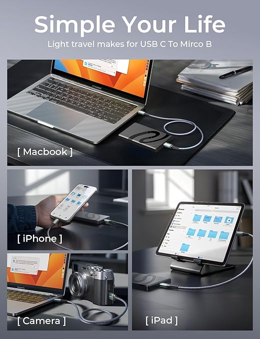 AINOPE External Hard Drive Cord 10Gbps Micro B to USB C External Hard Drive USB C to Micro B Cable Nylon Braided for MacBook Air/Pro, Seagate, WD Toshiba, SSD, iPhone, iPad, Camera, 1.6FT, Grey