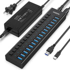 AGEEN 16-Port USB 3.2 Gen 2 Hub, 10Gbps High-Speed Aluminum Powered Hub with 96W Adapter, Individual Switches & Surge Protection for PC/Laptop, Flash Drive, Printer, Camera