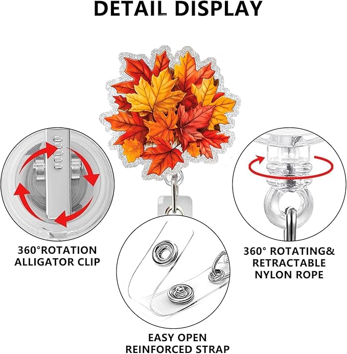 Autumn Leaves Badge Reel Retractable Badge Holder with Alligator Clip Fall Acrylic ID Name Card Scroll Red Maple Leave Badge Clips Designs for Student Teacher Office School Worker Nurse Decoration