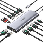USB C Docking Station 3 Monitors 4K@60Hz, 14-in-1 Laptop Docking Station with 2 HDMI 4K@60Hz, DP 8K@30Hz/ 4K@144Hz, 3 USB 3.0, 2 USB 2.0, RJ45, Audio, PD 100W, USB-C HUB for Windows Laptop Accessories
