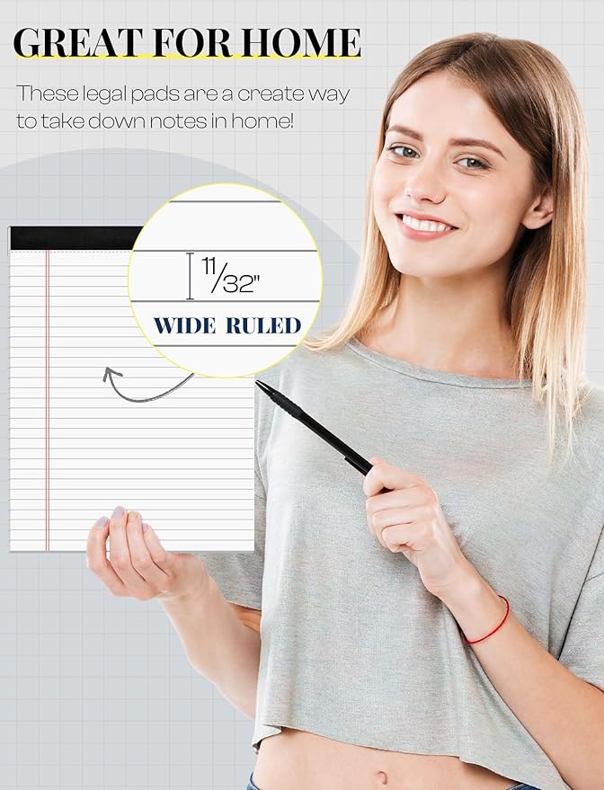 8 Pack White Legal Pads 8.5 x 11 Wide Ruled Note Pads 8.5 x 11" Legal Ruled Writing Pads for School 30 Sheets White Lined Paper Pads Notebook for Work Legal Notepads for Office Pad of Paper for Home
