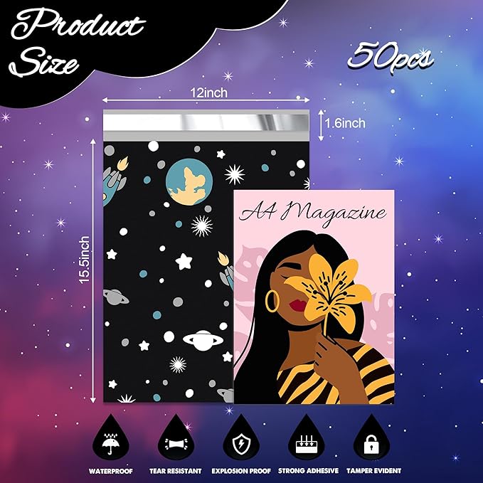 Planets Poly Mailer 12x15.5 Inch 50 Pcs, Waterproof Shipping Bags for Clothing, Tear-Resistant Mailier Bags, Strong Mailing Bags with Self-Seal