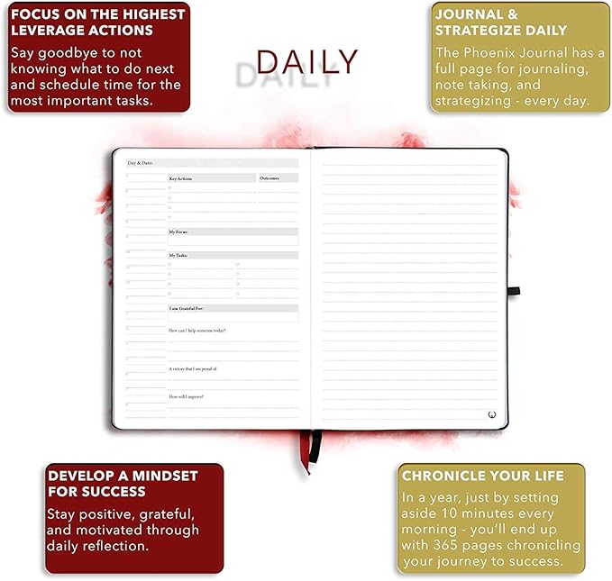 The Phoenix Journal - Best Daily Goal Planner, Organizer, & Calendar for Goal Setting, Gratitude, Happiness, & Productivity - Vision Board & Habit Tracking - 12 Weeks, Undated, Hardcover (Pink)