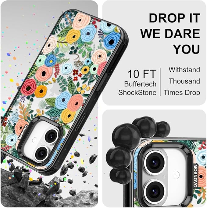 MOSNOVO Case for iPhone 16, [10ft 4X Military-Grade Drop Protection] Durable & Shockproof Phone Case Cover Design for iPhone 16 - Pastel Floral Garden - Clear Black