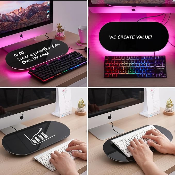 TSJ OFFICE Glass Desktop Whiteboard - 17 X 7 Inches Small Dry Erase Board with Pink Light, Glass White Board Surface Notepad with 1 Drawer, Desk Organizers for Office, Home, School Supplies (Black)