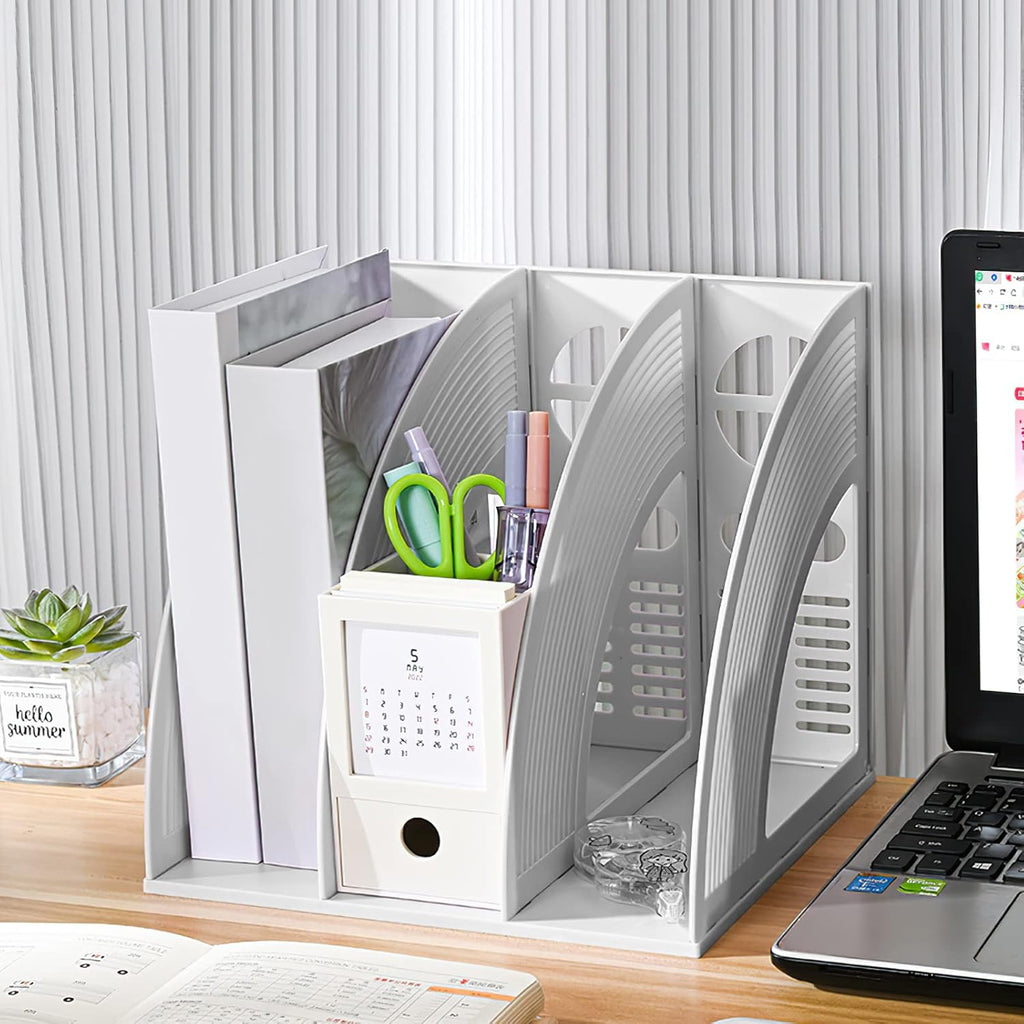 SAYEEC Magazine File Holder Folder Storage Desktop Standing Hollow File Bookshelf Organizer Office Racks Displays Holds Notebooks Documents (3 Compartments - Light Grey x 2)