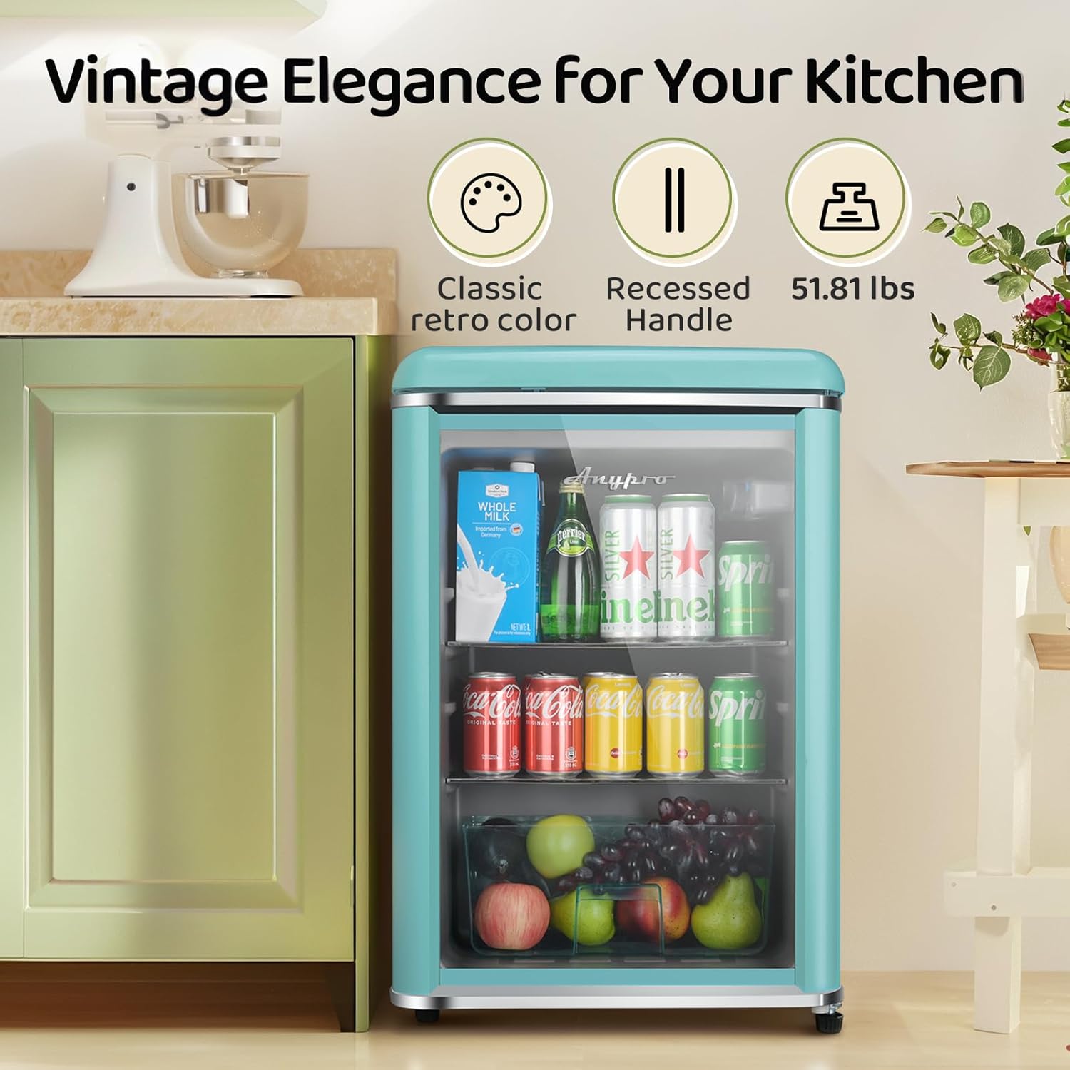 3.4 Cu.Ft Retro Small Beverage Refrigerator Cooler with Double Tempered Glass Door, 120 Can Wine Drink Beer Mini Fridge for Office Bedroom Bar with 7 Temperatures, Adjustable Shelves, Blue