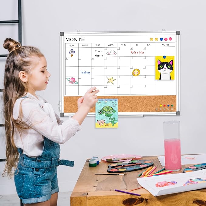 Monthly Calendar Whiteboard Dry Erase Cork Board Combo for Wall, 24" x 18" Double-Sided Calendar White Board and Bulletin Board, Portable Board for Office, Kitchen, School, Home