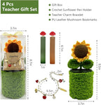 Teacher Appreciation Gifts Set – Crochet Sunflower Pen Holder, Mushroom Bookmarks, Charm Bracelet, Thank You Gift for Women Book Lovers