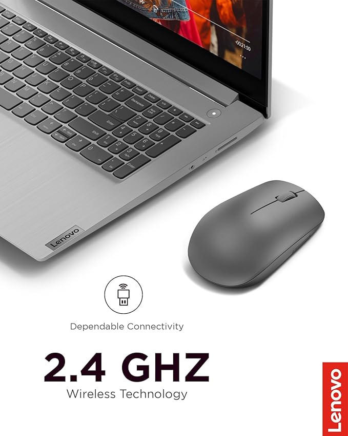 Lenovo 530 Full Size Wireless Computer Mouse for PC, Laptop, Computer with Windows - 2.4 GHz Nano USB Receiver - Ambidextrous Design - 12 Months Battery Life - Graphite Grey