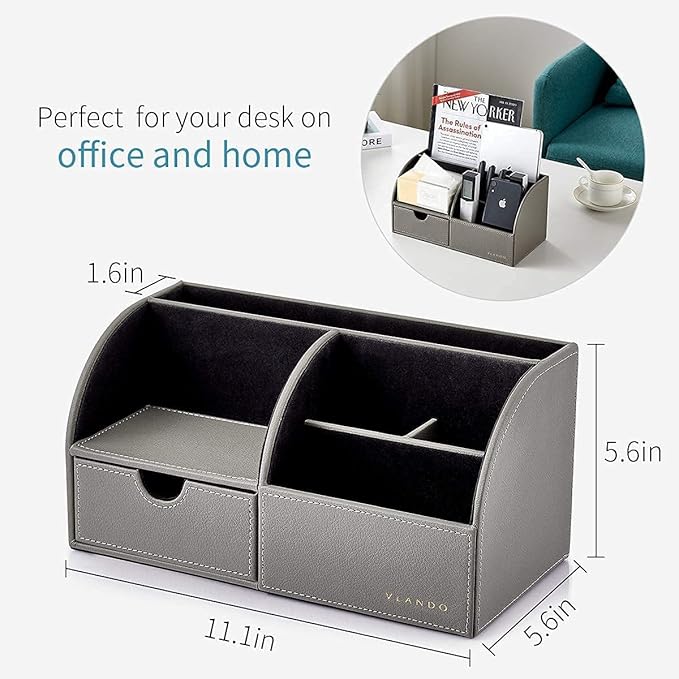 Vlando Office Desk Organizer Leather Desktop Organizer Caddy with Drawer for Storing Desktop Supplies and Accessories (Grey Set)