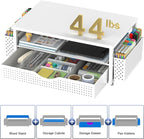 Desk Organizer and Accessories, Computer Monitor Stand Riser with Drawer and 2 Pen Holders, Office Desk Accessories & Workspace Organizers for Office Supplies (White)