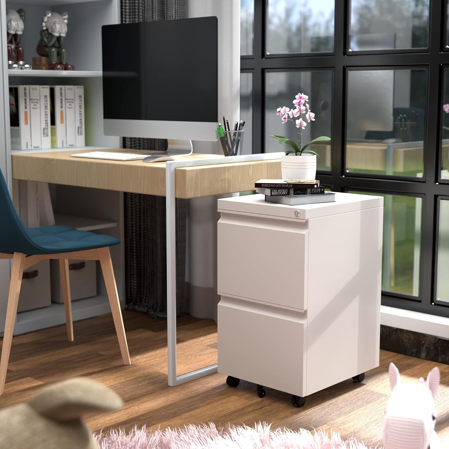 METAN Mobile Metal 2 Drawer File Cabinet with Lock, Rolling Cabinet for Both Legal and Letter Size Hanging Folders, Perfect File Storage for Home Office, Pre-Assembled Except 5 Casters,White