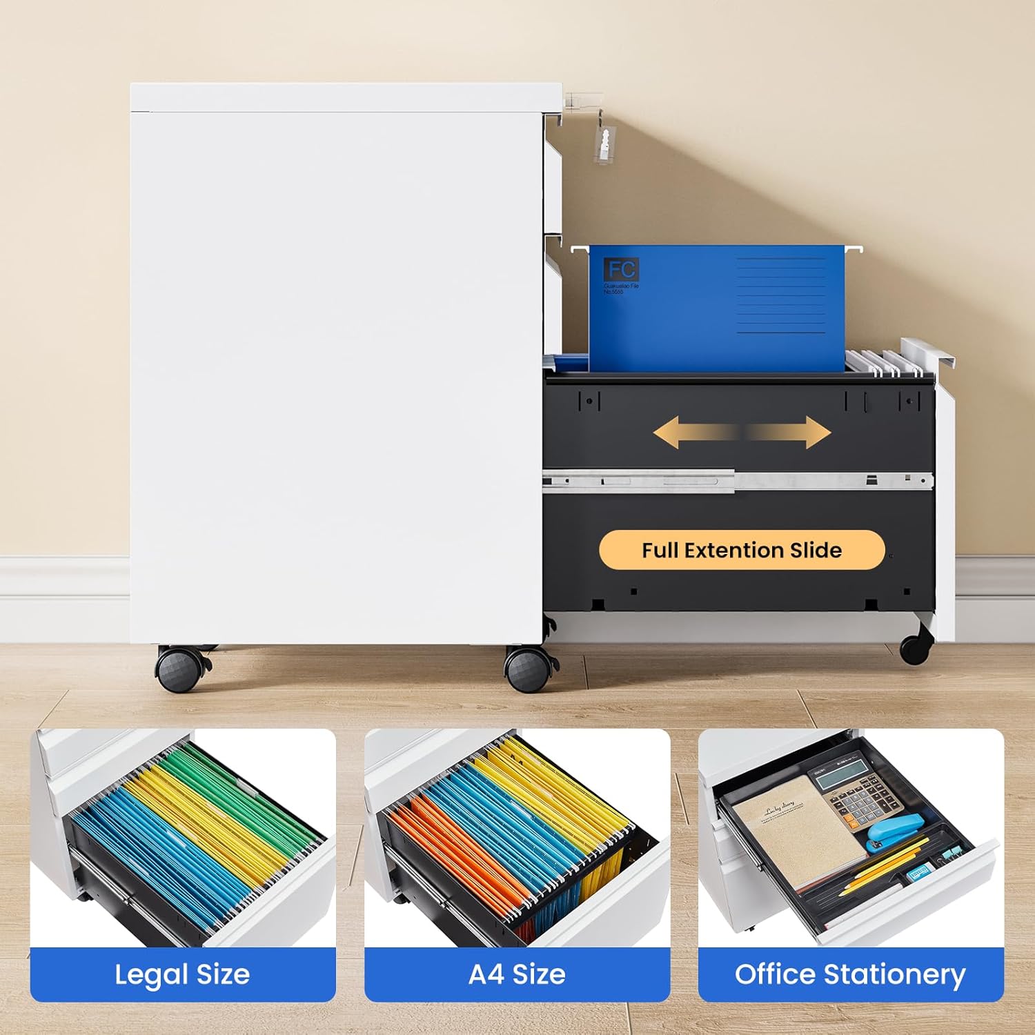 MIIIKO 3 Drawer File Cabinet, Rolling File Cabinet Under Desk, Metal Filing Cabinets for Home Office, Deep Drawers for Hanging Legal Letter Folders, Full Assembled Except Casters