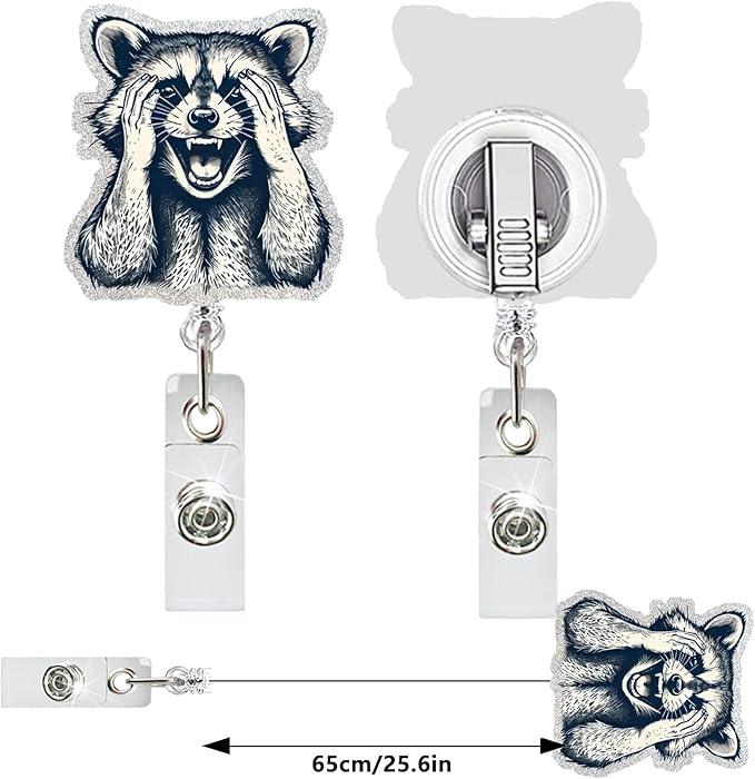 Cute Raccoon Retractable Reel Badge ID Card Clip Acrylic Badge Holder with 360°Rotation Rotundity Metal Alligator Clip Designs Nursing Name Tag for Nurse Doctor Office Worker Accessories