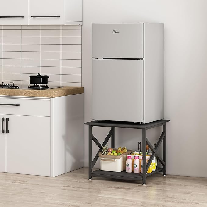 2 Tier Large Printer Stand, 23.6 x 23.6 x 22.6 Inches Square Printer Table with Storage Shelf, Rolling Printer Cart with Industrial Wheels for Home Office, Mini Fridge Stand Table - Black