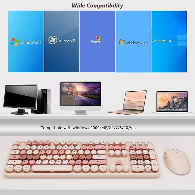Wireless Keyboard and Mouse, KOOTOP Cute Keyboard and Mouse, 2.4G Wireless Keyboard with Retro Round Keycap for PC, Mac, Laptop,Computer Windows (Milk Tea)