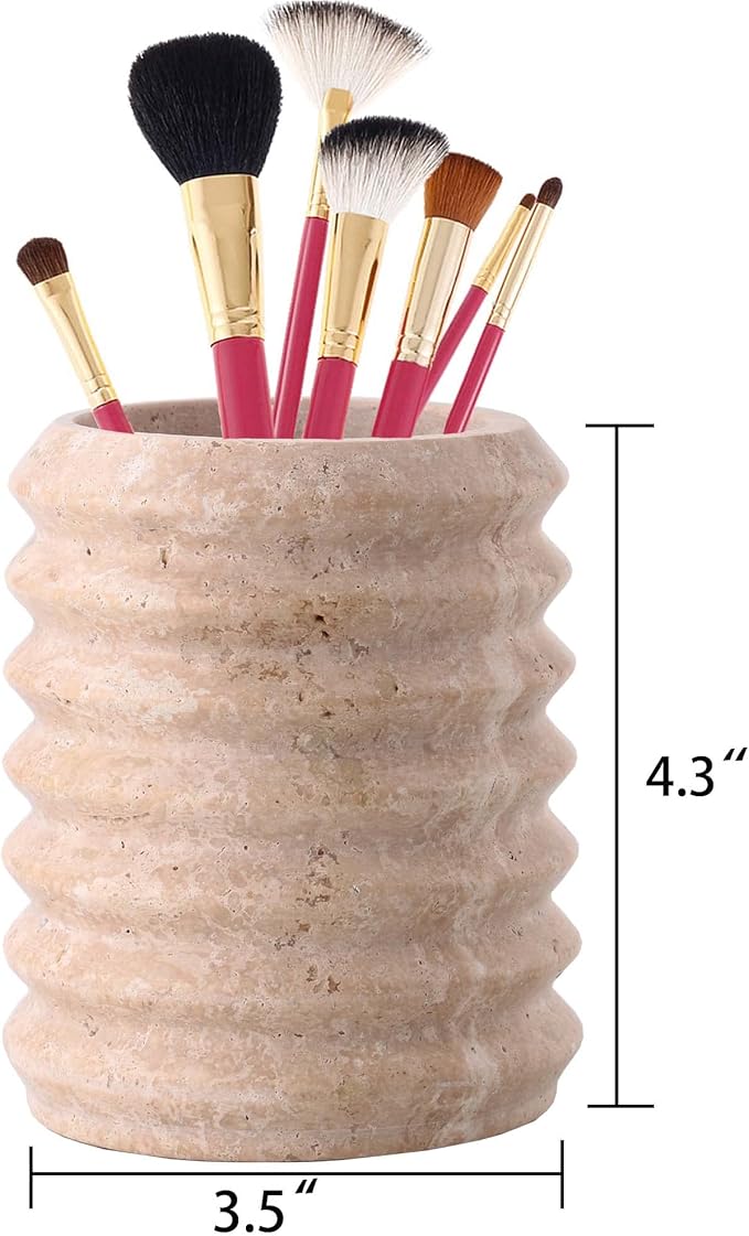 WORHE Pen Holder Stand for Desk, Natural Travertine Stone Makeup Brush Holders, Modern and Functional Pencil Cup for Office Supplies Tableware Organizer for Home Decor School Beige (PH90110)