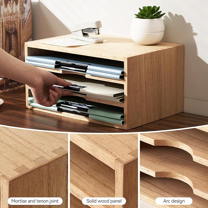 KIRIGEN Wooden Desktop Organizer Paper Storage Letter Tray File Sorter - Desk Rack Magazine File Dividers Holders for Home Office Accessories Wood Desk Cabinet with 3 Layer Trays Natural(3KWJG-NA)
