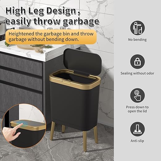 Procade 2Pack Office Trash Can with Lid, 4 Gallon Gold Trash Can Bathroom, Black Garbage Can with Push Button, Narrow Garbage Bin Waste Basket for Bedroom, Kitchen, Toilet