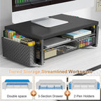 gianotter Wood Monitor Stand Riser, Office Desk Shelf Organizer, Desk Organizer with Drawer and Pen Holder, 2-Tier Computer Stand, Office Organization (Ink)