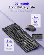 Wireless Keyboard and Mouse Combo, 5-Level Adjustable 4000 DPI Mouse, Quiet 2.4G Full Size Keyboard with 8 Additional Shortcuts, Silent Typewriter for PC, Desktop, Laptop, MacBook