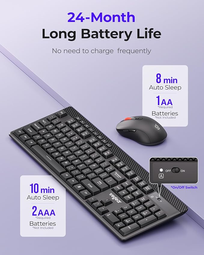 Wireless Keyboard and Mouse Combo, 5-Level Adjustable 4000 DPI Mouse, Quiet 2.4G Full Size Keyboard with 8 Additional Shortcuts, Silent Typewriter for PC, Desktop, Laptop, MacBook