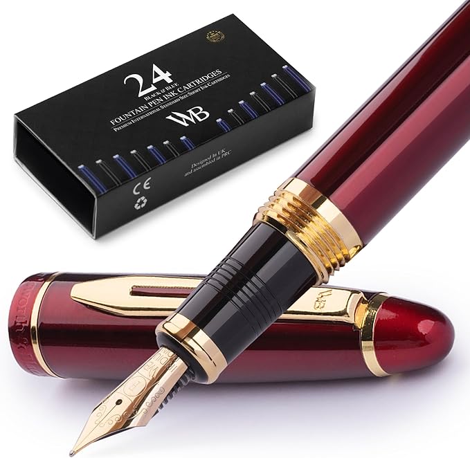 Wordsworth & Black Majesti Fountain Pen-(Red), Luxury Case, 24K Gold Finish; 18K Gilded Fine Nib- Ink Cartridges, Refillable Ink Converter-Calligraphy Pen-Best Business Gift Set for Men & Women