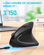 Lekvey Ergonomic Mouse, Vertical Wireless Mouse: Rechargeable Optical Carpal Tunnel Mice with 2.4G USB Receiver, 1000/1200 / 1600 DPI, 6 Buttons, for Laptop, Computer, PC, Desktop, Notebook, Black