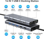 USB C Docking Station Dual Monitor HDMI for Dell HP Lenovo Laptop,14 in 1 Docking Station to 2 HDMI Port 4K+VGA USB Type C Hub Multiport Adapter Dongle Dock,USB C to Ethernet+5 USB+SD/TF+100W PD+Audio