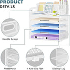 Marbrasse 5 Tier Paper Organizer with 3 Pen Holders, Mesh Desk File Organizer with Handle, Paper Sorter Desk Organizer for Home Office Supplies(White)