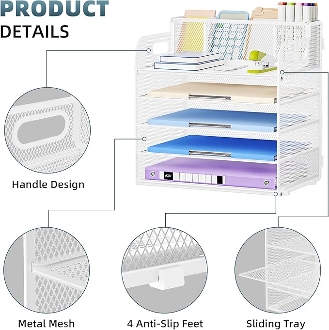 Marbrasse 5 Tier Paper Organizer with 3 Pen Holders, Mesh Desk File Organizer with Handle, Paper Sorter Desk Organizer for Home Office Supplies(White)