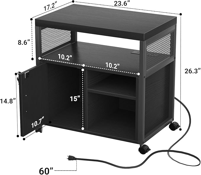 Unikito Lateral File Cabinet, Locking Office Filing Cabinets with Socket and USB Charging Port, Modern Rolling Printer Stand with Storage for A4, Letter Size and File Folders, Black