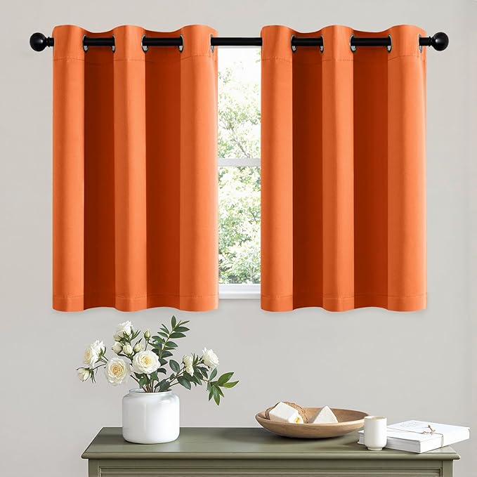 MIULEE Short Fall Curtains for Windows - Orange Blackout Half Window Curtains Thermal Insulated Privacy Drapes for Kitchen Bedroom Bathroom Grommet Top Small Basement Tiers W40 x L36 Inch 2 Panels