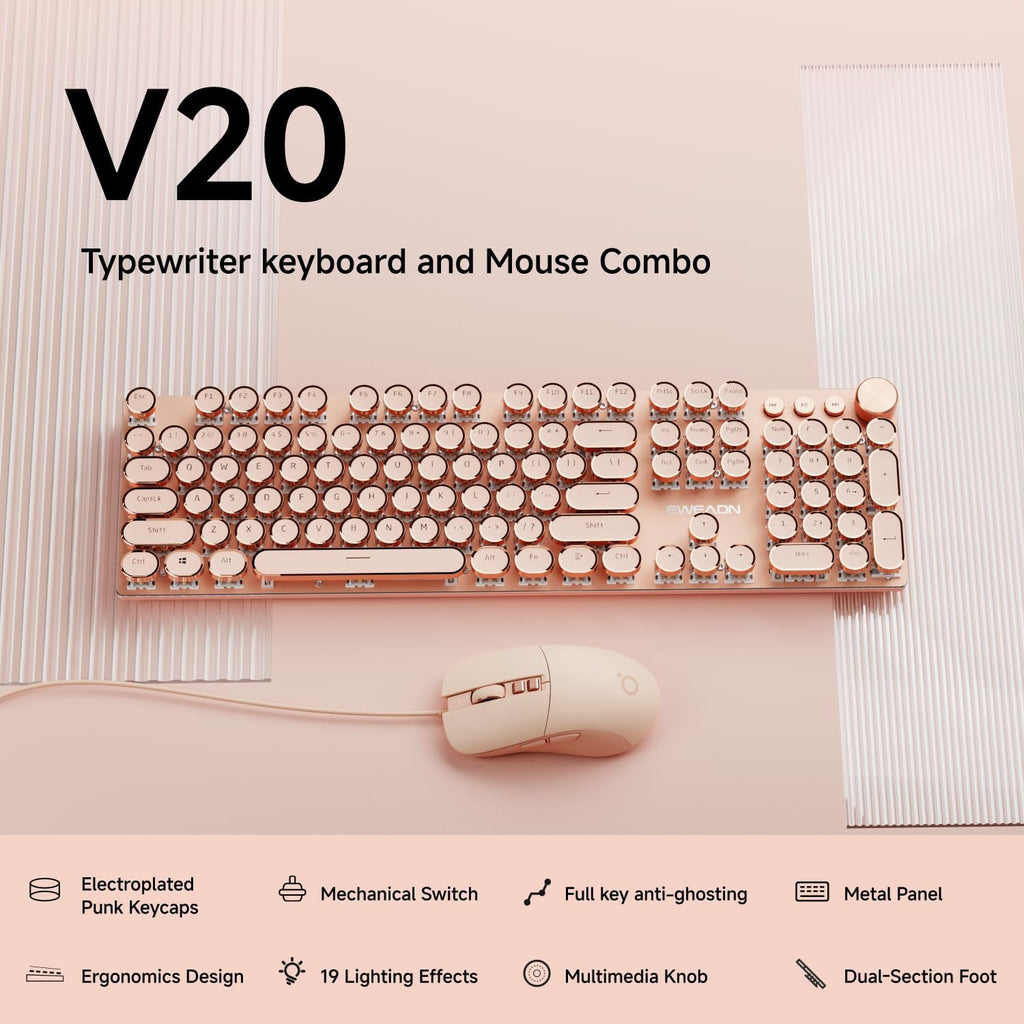 EWEADN Wired Typewriterkeyboard and Mouse Combo, Typewriter Style Mechanical Gaming Keyboard,104 Keys Backlit LED Keyboards, Media Control Knob, Wired Keyboard Pink Switch for Windows/Mac/PC-Pink