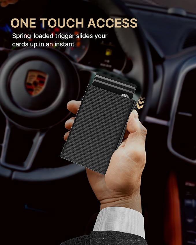 typecase Mens Wallet Card Holder: Pop Up Aluminum Case, Carbon Fiber Leather, Smart, RFID Blocking, Slim, Minimalist, Front Pocket - 9-14 Card Capacity | ID Window | Cash Slot (Orange)