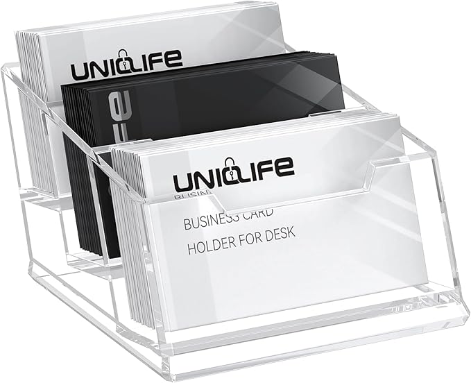 Uniclife Acrylic Business Card Holder for Desk 3 Slots Clear Business Card Display Stand for Men & Women Desktop Business Card Organizer Card Stand for Office Home Exhibition, 180 Card Capacity