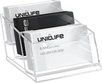 Uniclife Acrylic Business Card Holder for Desk 3 Slots Clear Business Card Display Stand for Men & Women Desktop Business Card Organizer Card Stand for Office Home Exhibition, 180 Card Capacity