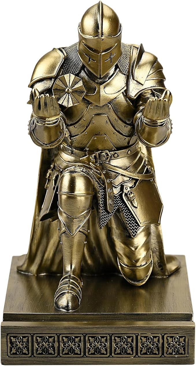 Medieval Armored Warrior Wearing Outerwear, Mobile Phone Stand Knight Pen Holder Desk Organizers, Resin Bookends Paperweight with a Letter Opener for Desk (Bronze)