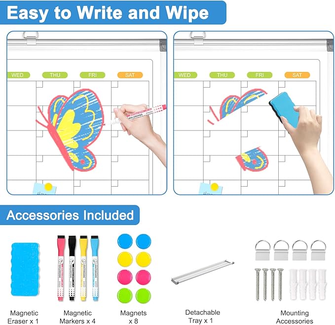 Dry Erase Calendar for Wall 4 Month, WALGLASS 48" x 36" Large Double-Sided White Board Calendar, Dry Erase Monthly Whiteboard, Silver Aluminum Frame Hanging Wall Mounted Board for Office Home School