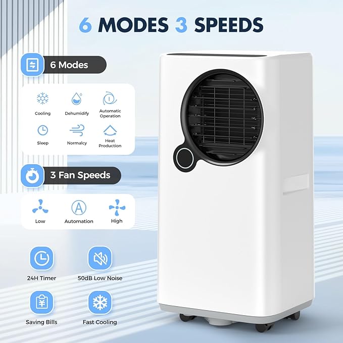 Portable Air Conditioners, 16000 BTU 6-in-1 Cooling, Dehumidifier & Fan, Ultra Quiet with 24H Smart Timer, Auto Shut-Off & Child Lock for Home/Bedroom/Office