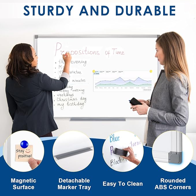 SWANCROWN Magnetic Dry Erase Board 48 x 24 Inches - Large White Board, Silver Aluminum Frame, 4' x 2' Writing Whiteboard for Walls, Home Office, School, Studio