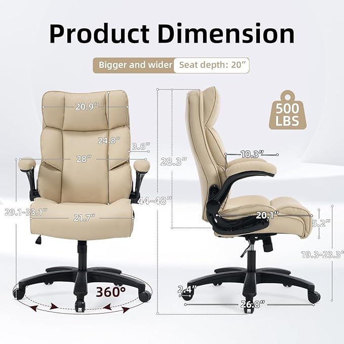 Big and Tall Office Chair 500lbs Wide Seat Executive Office Desk Chair High-Back Office Task Chair, Ergonomic Lumbar Support Computer Office Chairs for Heavy People