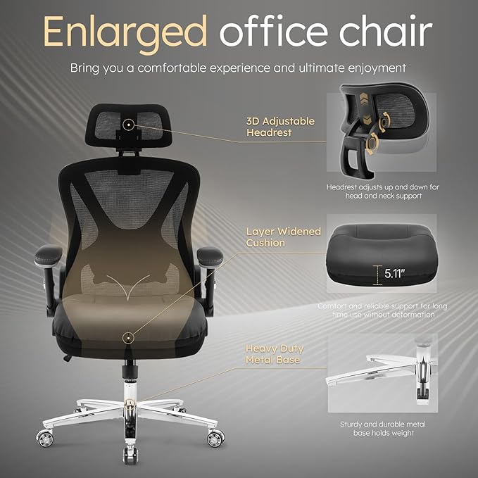 750lbs Big and Tall Office Chair- Heavy Duty Executive Chair with 5D Flip Arms and Adjustable Lumbar Support, Ergonomic Mesh High Back Desk Chair, Ergonomic Executive Home Office Computer Chair
