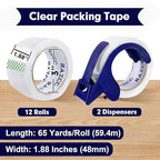 Packing Tape, 12 Rolls Clear Heavy Duty Packaging Tape with Dispensers for Packing, Shipping, Moving and Mailing, Thicker Sealing Tape-1.88" x 65 Yards Per Roll, 780 Total Yards