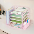 Desk Organizer with Drawer and Pen Holder, 5-Tier Paper Letter Tray Organizer with File Holder, Suitable for Workspace Organizer Office Supplies Storage (Pink)